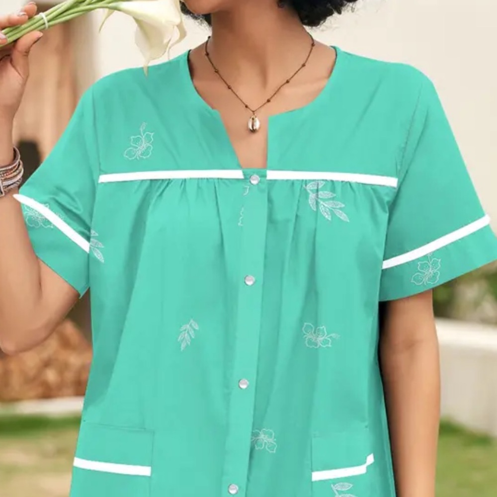 Ekouaer - Floral Button-Down Dress in Teal and White - Picture 2 of 6